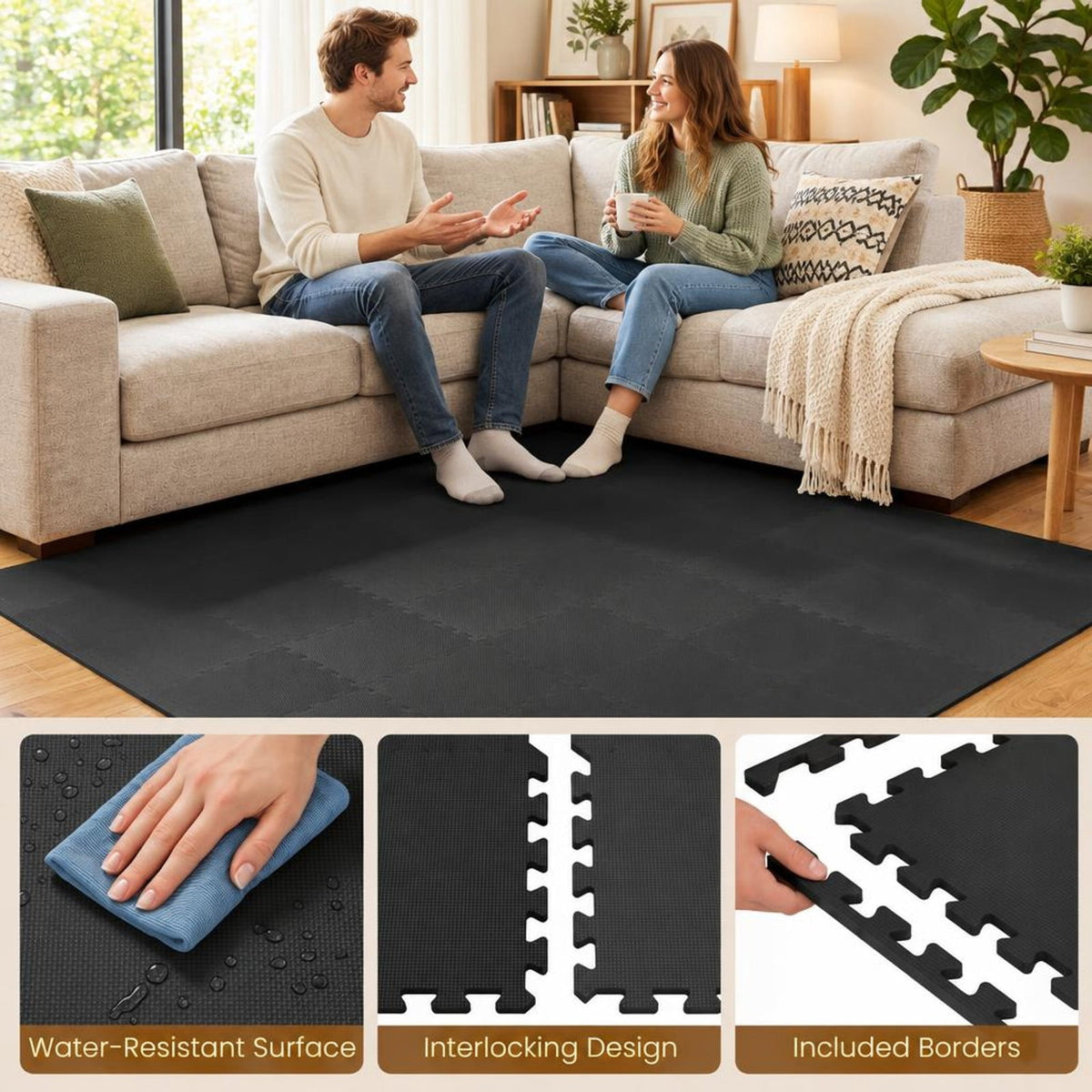 Airfind 54 Pack EVA Foam Floor Tiles with Non-Slip Borders for Home Gym, EVA Foam Frame, 107 x 72 x 0.4 Footprint, Black