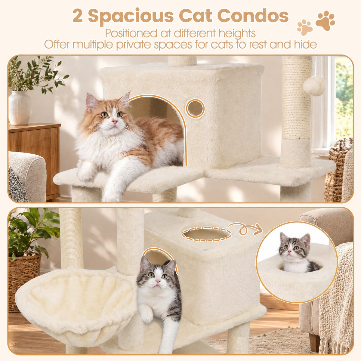 Airfind 66 Inch Tall Cat Tree Multi-Level Cat Tower with 2 Condos Sisal Scratching Posts, 33 lbs Capacity, Beige