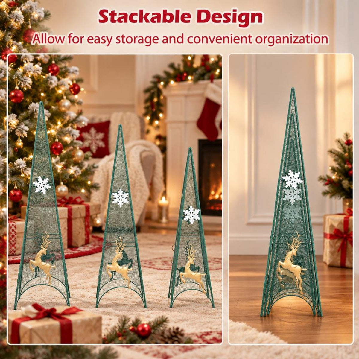 Airfind 3/3.5/4 Feet Set of 3 Tower Shaped Christmas Trees with Removable Star Toppers, Metal Small Frame, 9in x 9in x 37in Medium Footprint