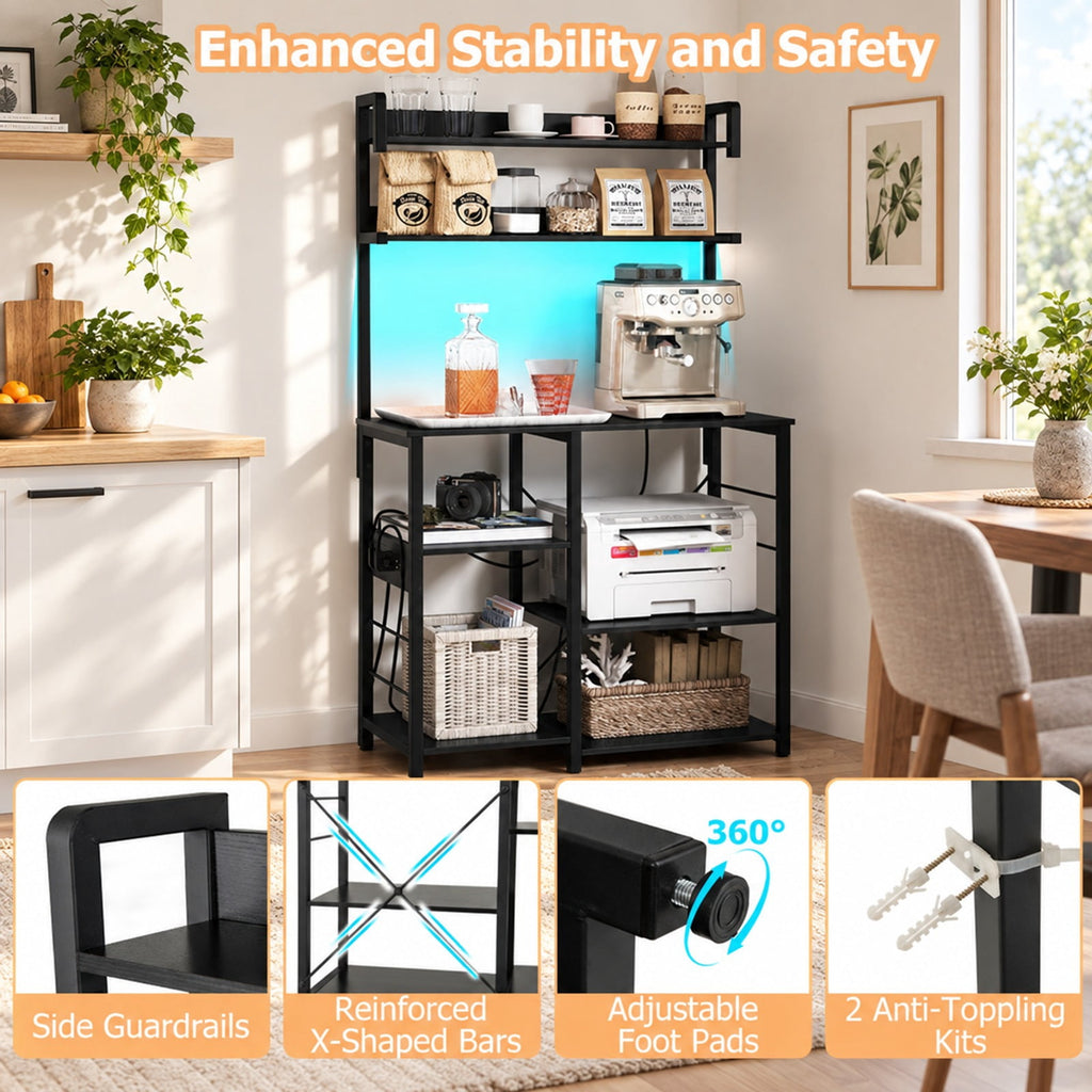 Airfind Kitchen Bakers Rack with Power Outlet 5, Tier Microwave Oven Stand with LED Lights, Black, Adjustable in 10 brightness levels and 10 speeds