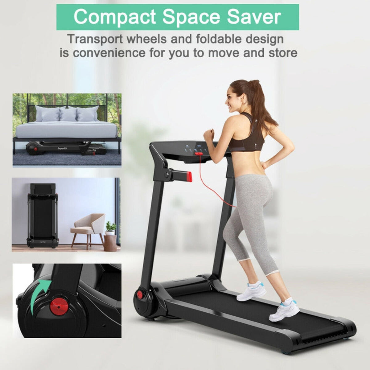 Airfind 3 HP Folding Treadmill with Audio Console Walking Treadmill for Home with Cushioned Deck and Transport Wheels Supports 242 lbs, Red