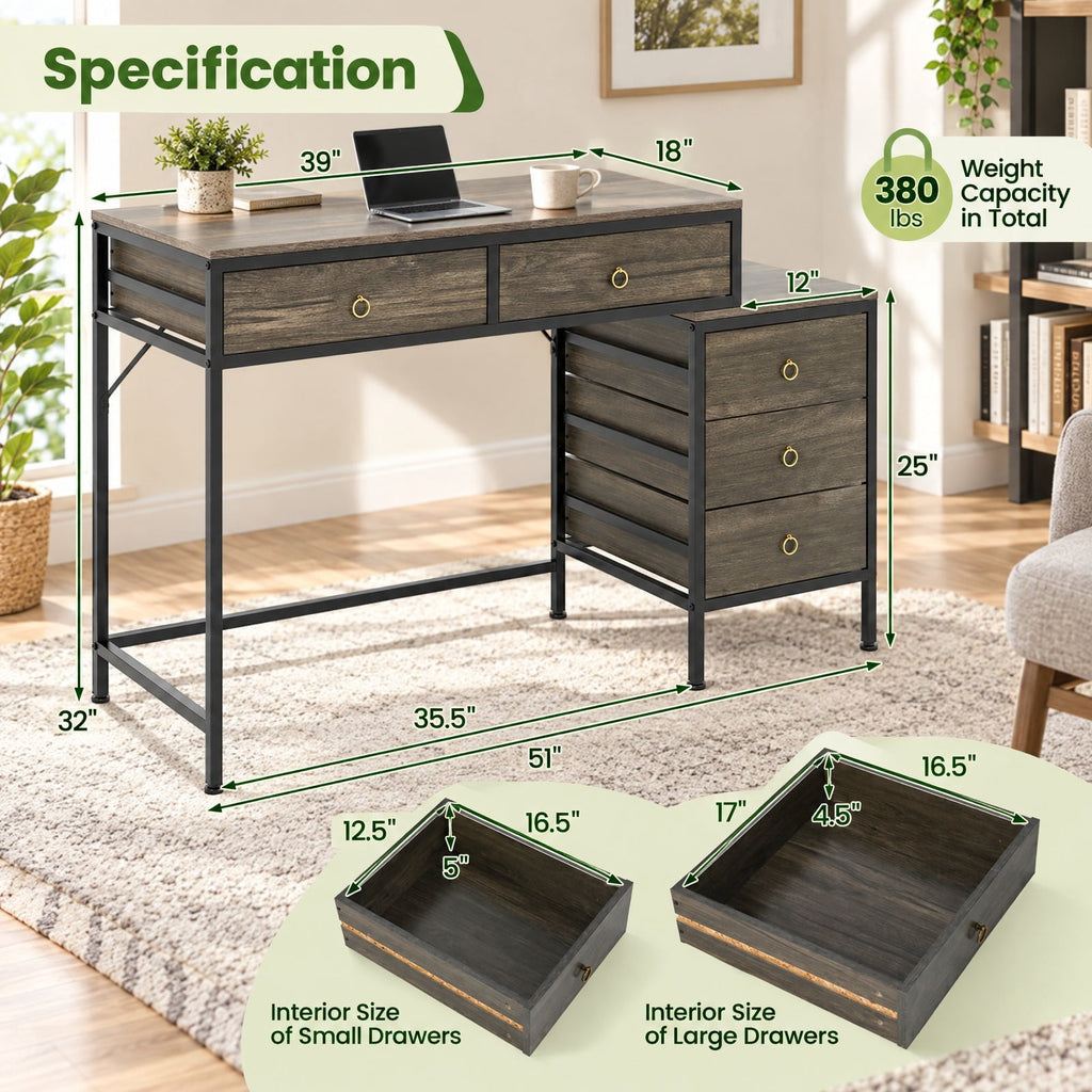 Airfind Computer Desk with 5 Drawers Home Office Desk with Side File Cabinet, 380 lbs Capacity, Engineered Wood Metal MDF Frame, Grey