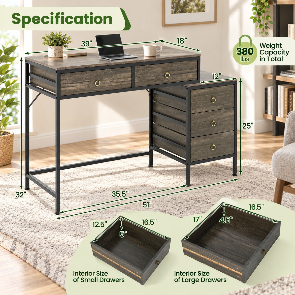 Airfind Computer Desk with 5 Drawers Home Office Desk with Side File Cabinet, 380 lbs Capacity, Engineered Wood Metal MDF Frame, Grey