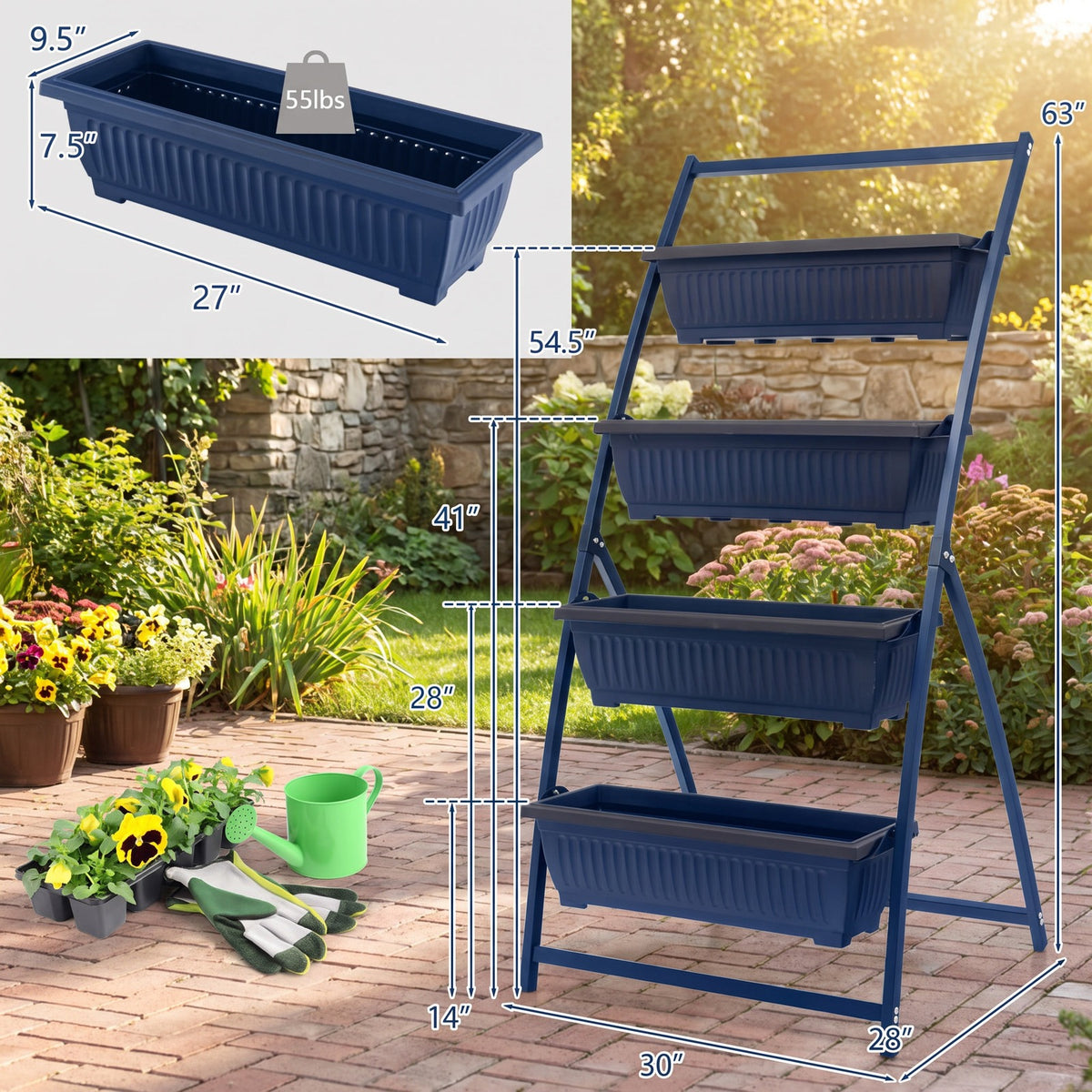 Airfind 4-Tier Vertical Raised Garden Bed with 4 Containers and Drainage Holes, Metal PE S Frame, 26 x 20.5 x 49 Single Footprint, Black+ Brown