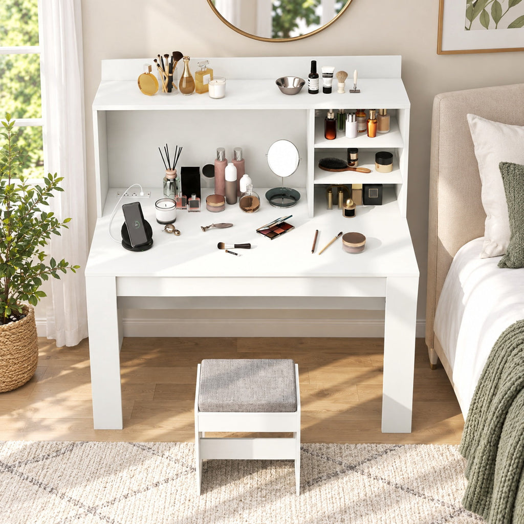 Airfind Modern Computer Desk with Hutch and Storage Shelves, 330 lbs Capacity, MDF Engineered Wood Frame, 42.5 Inch x 23.5 Inch x 49 Inch Storage Footprint