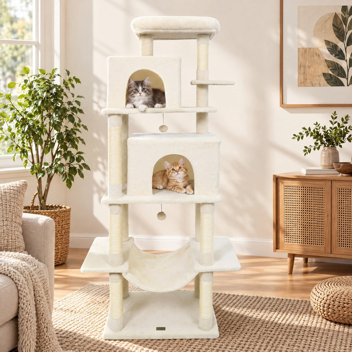 Airfind Large Cat Tree for Indoor Cats 70 Tall Cat Tower, 33 lbs Capacity, Plush Fabric Sisal Engineered Wood Overall Height 70 Base Frame, Beige