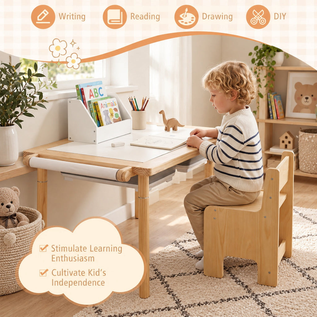 Airfind Kids Sensory Table Set with Adjustable Height and 2 Storage Bins, 165 lbs Capacity, Pine Wood Plywood Engineered Wood Frame, Natural