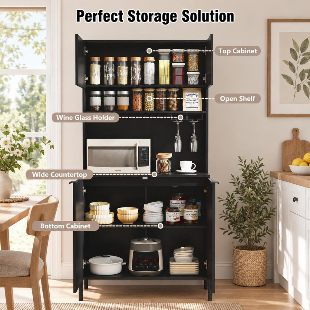 Airfind 64.5 Inches Tall Kitchen Pantry Cabinet with Charging Station and Wine Glass Rack, 90 lbs Capacity, Engineered Wood MDF Metal Frame, Black