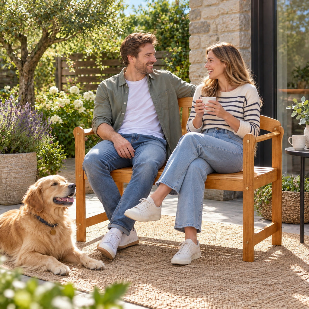 Airfind 2-Seater Outdoor Acacia Wood Garden Bench with Backrest Armrests, 800 lbs Capacity, Acacia Wood Frame, Wood
