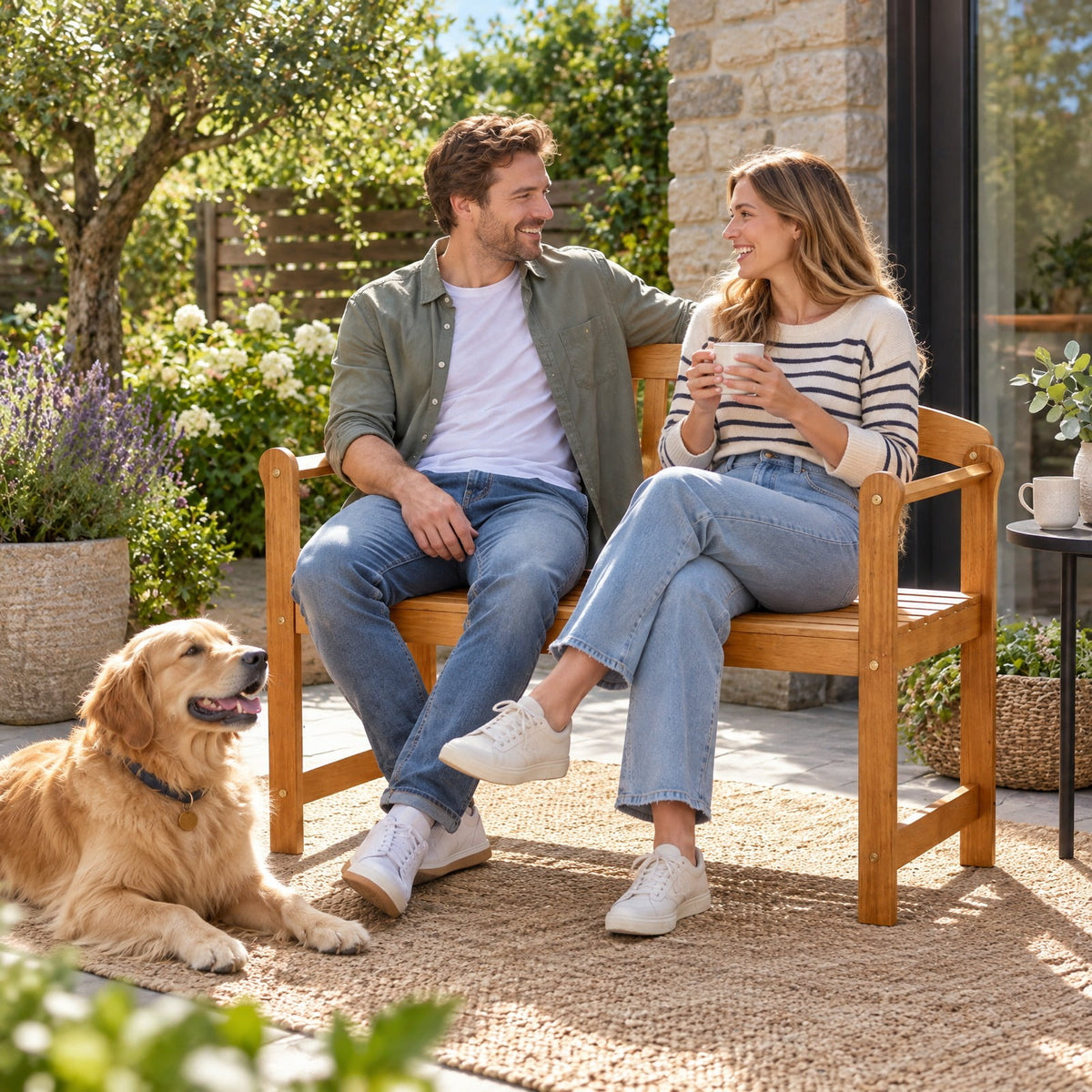 Airfind 2-Seater Outdoor Acacia Wood Garden Bench with Backrest Armrests, 800 lbs Capacity, Acacia Wood Frame, Wood
