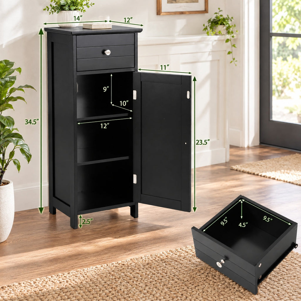Airfind Wooden Bathroom Floor Storage Cabinet with Drawer and Shelf, 22 lbs Capacity, MDF Frame, 14 Inch x 12 Inch x 34.5 Inch Footprint, Black