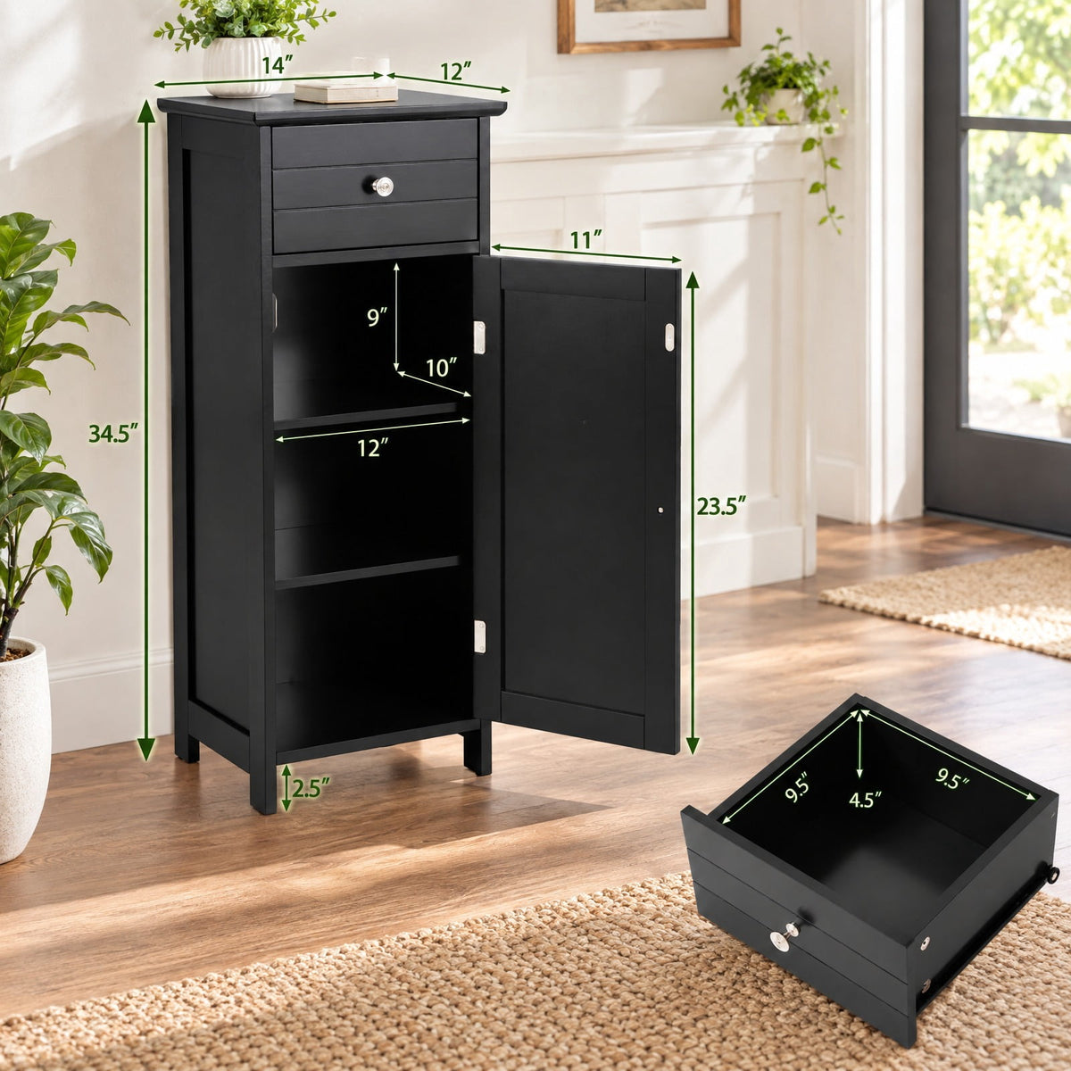 Airfind Wooden Bathroom Floor Storage Cabinet with Drawer and Shelf, 22 lbs Capacity, MDF Frame, 14 Inch x 12 Inch x 34.5 Inch Footprint, Black