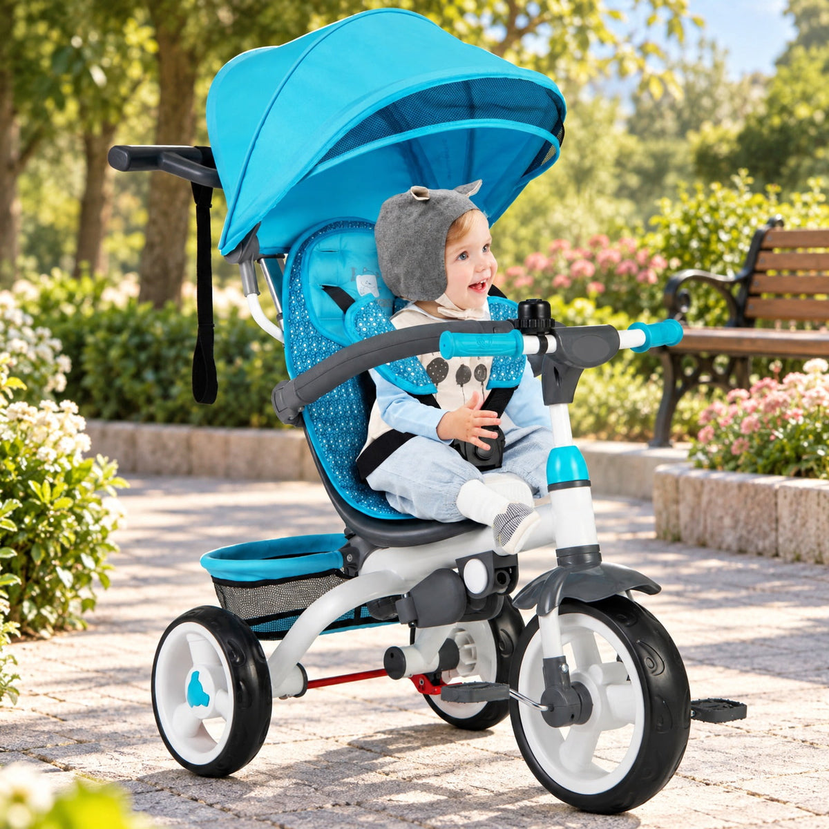 Airfind 5-in-1 Detachable Baby Stroller Tricycle with Round Canopy, Blue, a detachable cushion that is also washable
