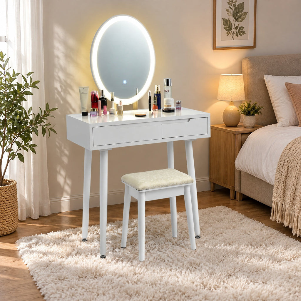 Airfind Touch Screen Vanity Makeup Table Stool Set with Lighted Mirror, MDF paint rubber wood cedar wood Frame, 31.5 x 16 x 54.5 Footprint, White
