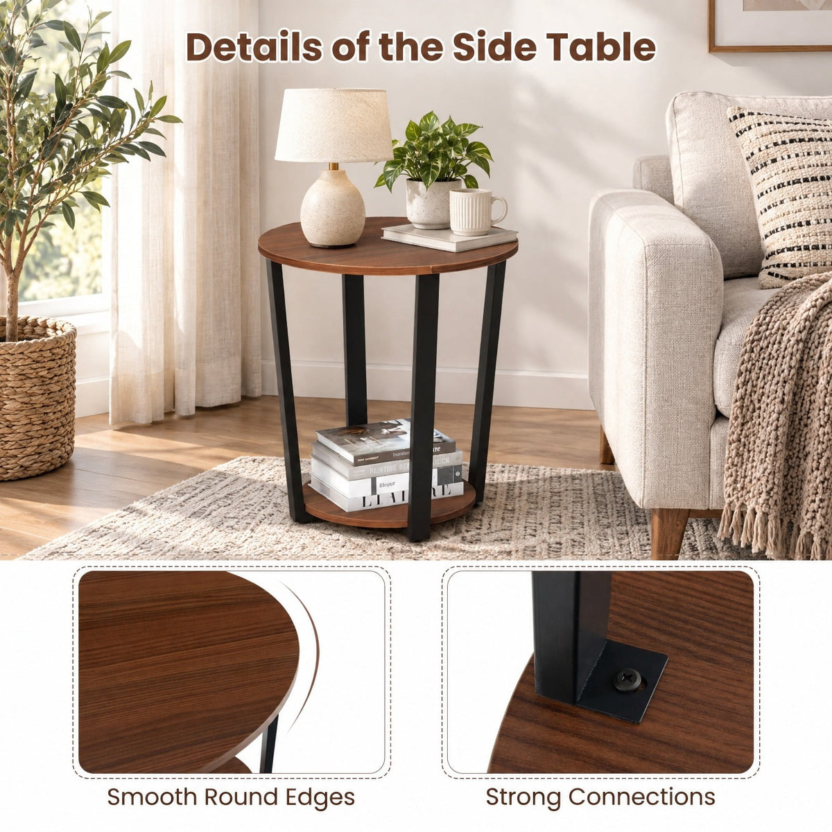Airfind End Table, Round, with Open Shelf and Metal Frame, 66 lbs Capacity, Engineered Wood Metal Frame, 19.5 Inch x 19.5 Inch x 22.5 Inch Footprint, Walnut