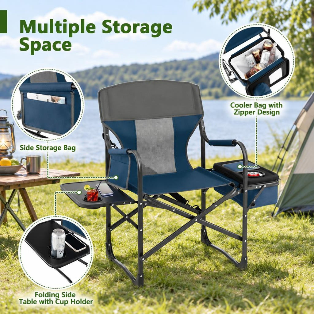 Airfind Folding Camping Directors Chair with Cooler Bag and Side Table, 400 lbs Capacity, Metal Oxford Cloth Frame, 45 x 22 x 39 Footprint, Blue