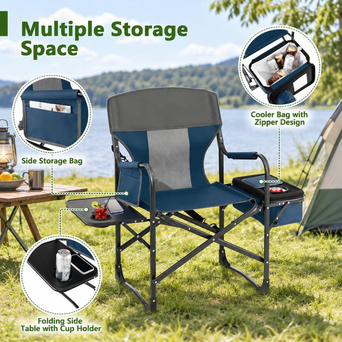 Airfind Folding Camping Directors Chair with Cooler Bag and Side Table, 400 lbs Capacity, Metal Oxford Cloth Frame, 45 x 22 x 39 Footprint, Blue