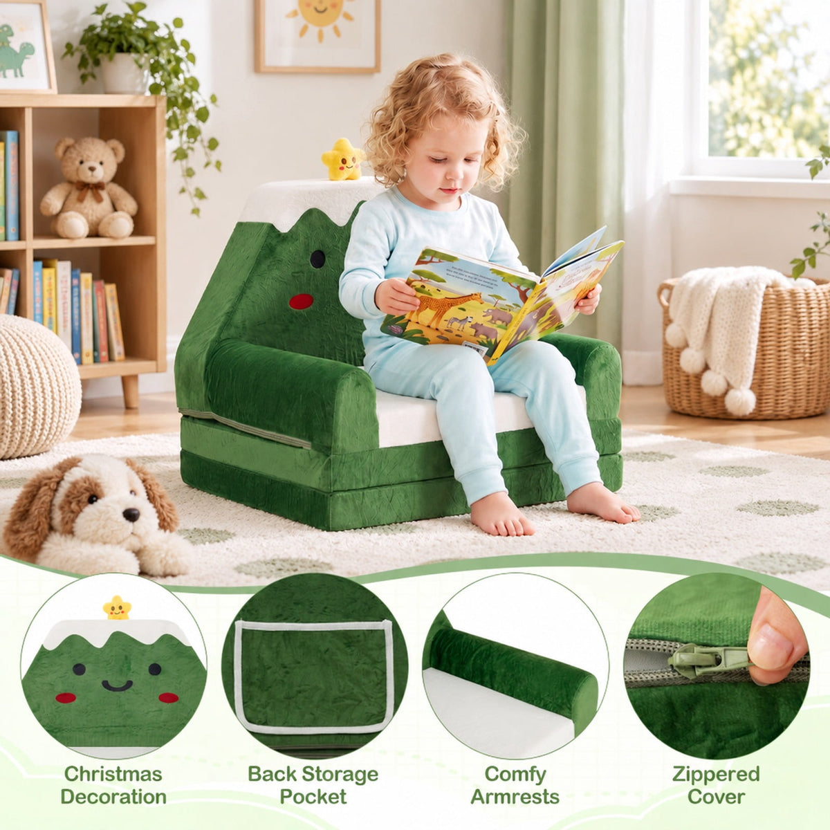 Airfind 2-in-1 Convertible Kids Sofa to Lounger with Christmas Patterns, Ultra-soft Fabric Sponge Frame, for 18-36 Months Old, Green