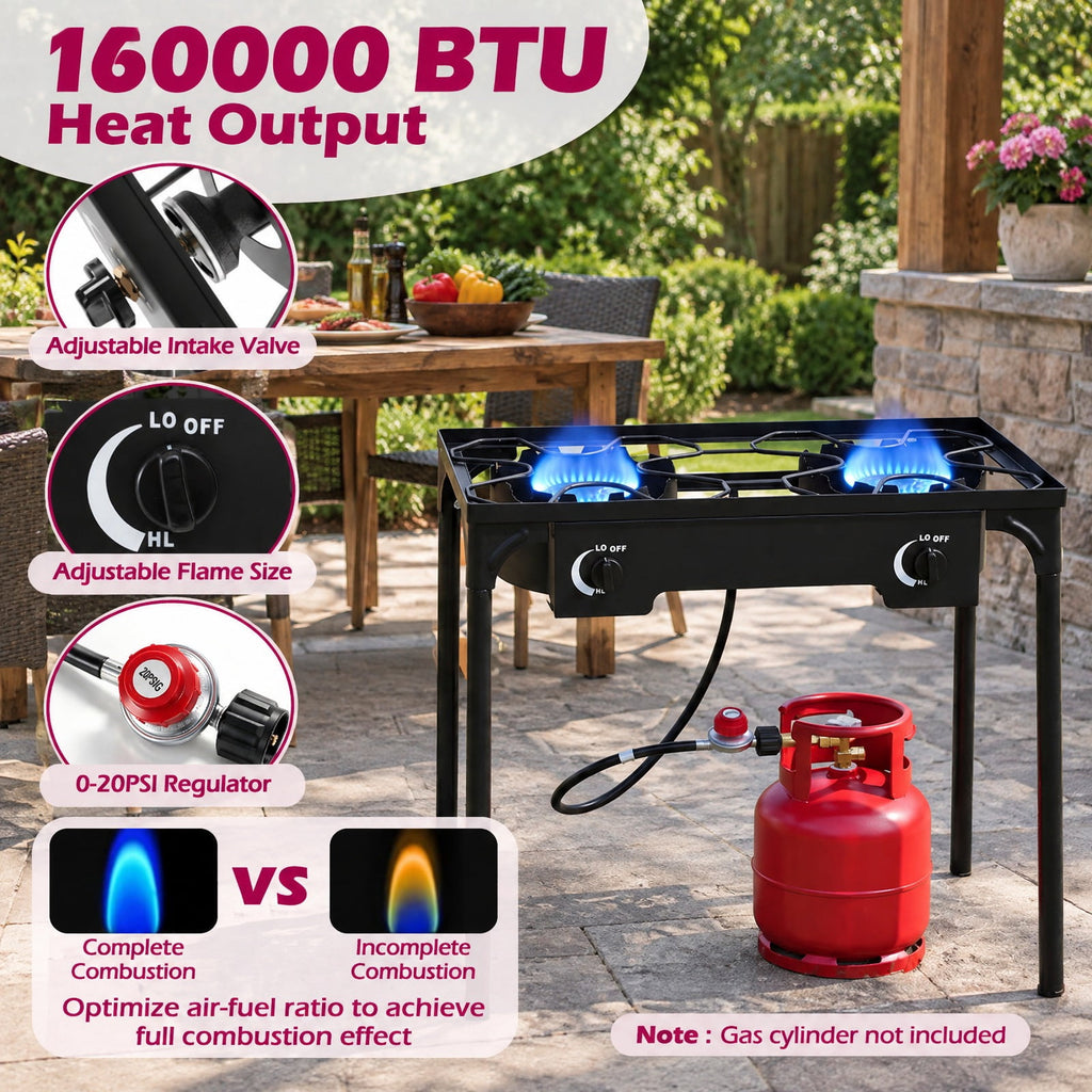 Airfind 2 Burner Propane Stove 160000 BTU with Adjustable Regulator Hose for Camping BBQ, 440 lbs Capacity, Metal Cast Iron PVC ABS Frame, Black