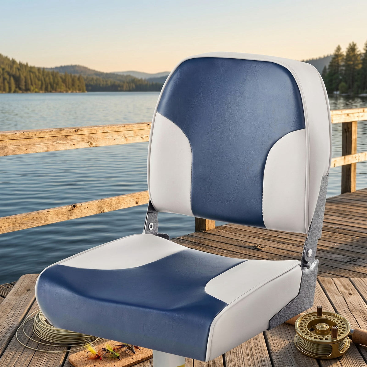 Airfind Low Back Folding Boat Seats Set of 2 with Thick Sponge Padding and Aluminum Hinges for Fishing and Pontoon Boats, Blue and Gray