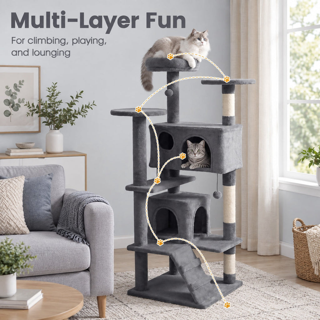 Airfind 52 Inch Tall Cat Tree Tower for Indoor Cats, 22 lbs Capacity, Engineered Wood Sponge Plush Fabric Sisal Frame, Light Gray
