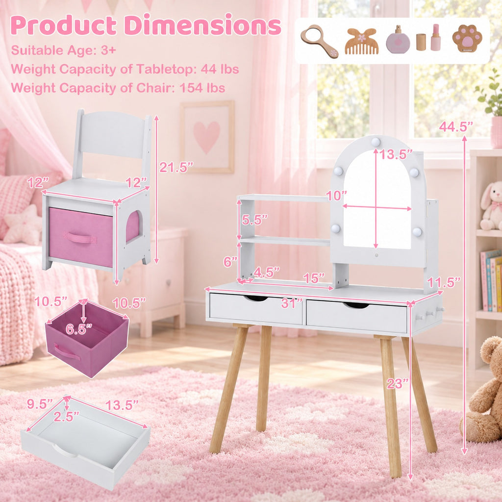 Airfind Kids Vanity Set Pretend Play Dressing Table Set with 3-Color Lighting Modes and Mirror Cabinet, 44 lbs Capacity, MDF Frame, White