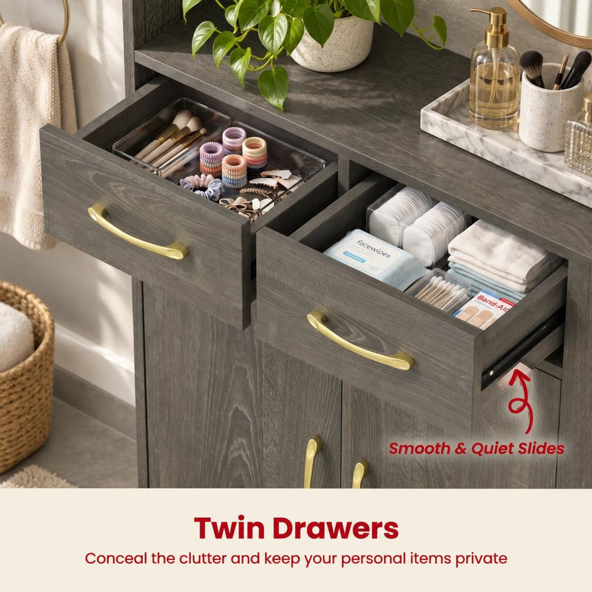 Airfind Bathroom Storage Cabinet Freestanding Floor Cabinet with 2 Drawers and 2 Doors, 44 lbs Capacity, Engineered Wood Metal Frame, Gray