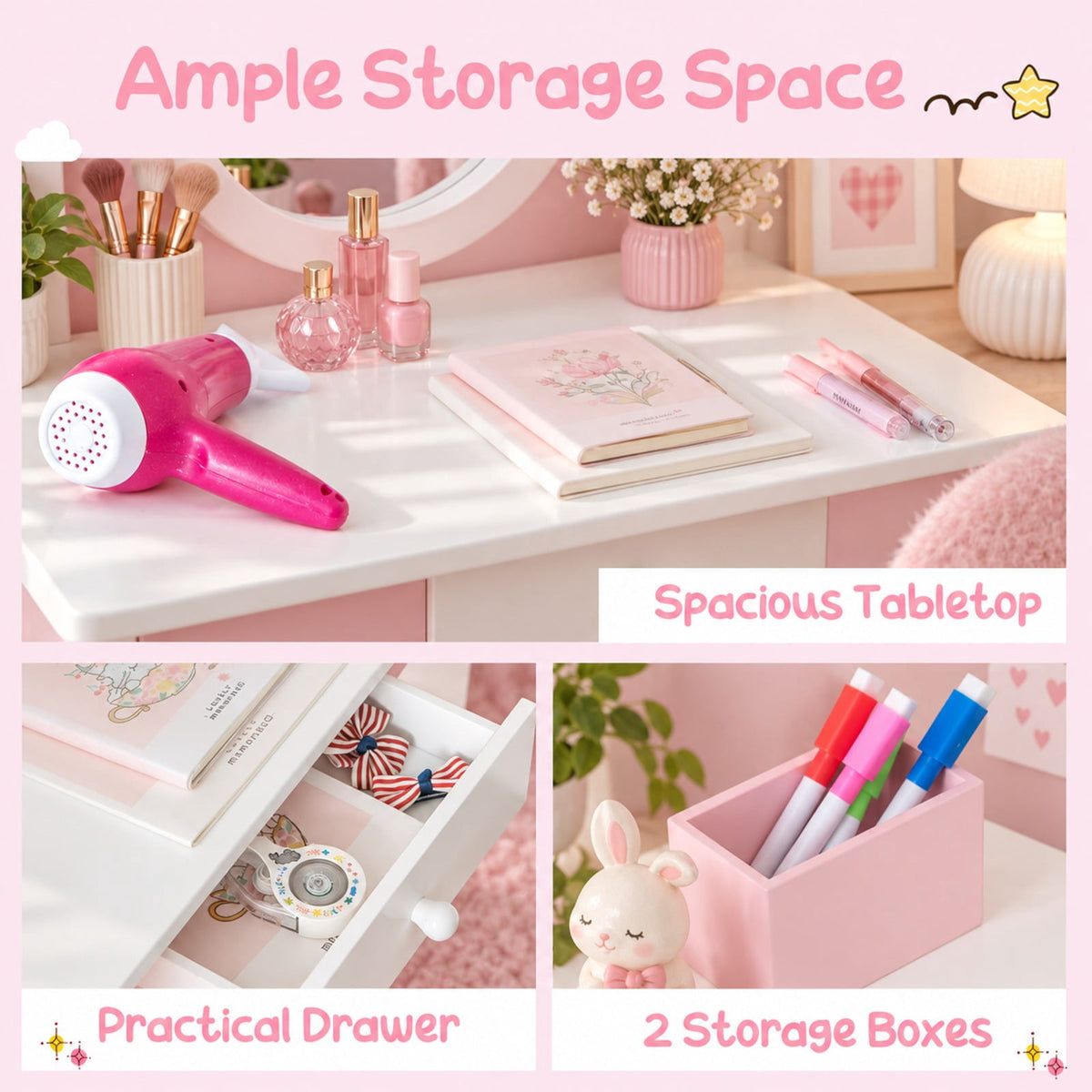 Airfind Pretend Kids Vanity Set with 360° Rotatable Mirror and Play Accessories, 66 lbs Capacity, MDF Acrylic Frame, 24 x 13.5 x 40 Footprint