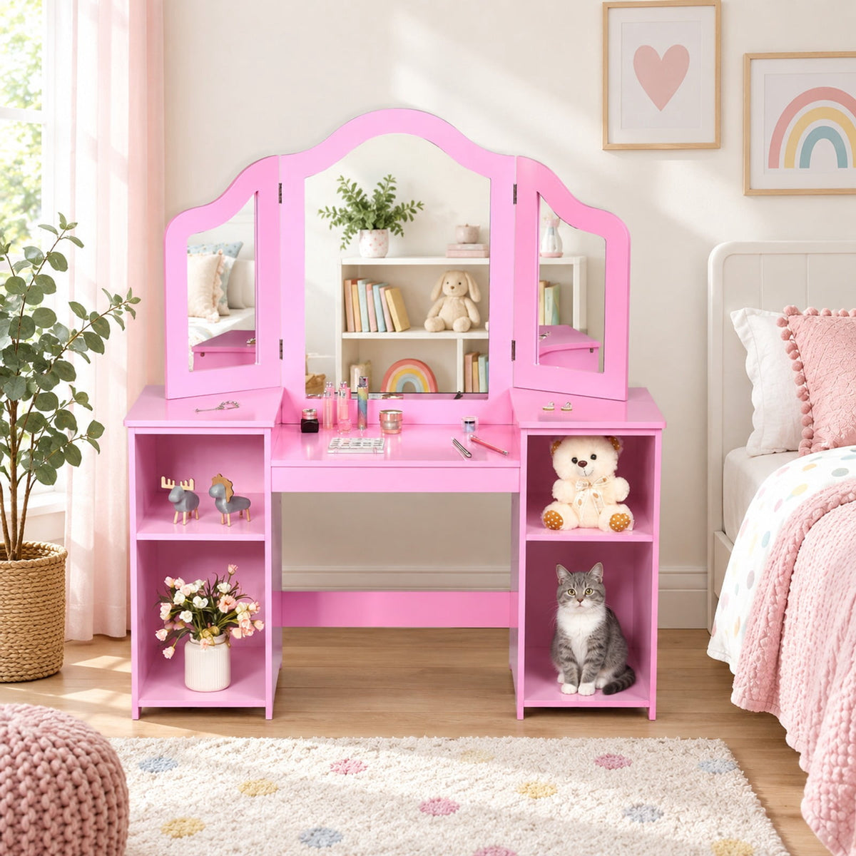Airfind Kids Tri Folding Mirror Makeup Dressing Vanity Table Set, 220 lbs Capacity, MDF Plastic mirror Weight: 45 lbs Frame, Pink
