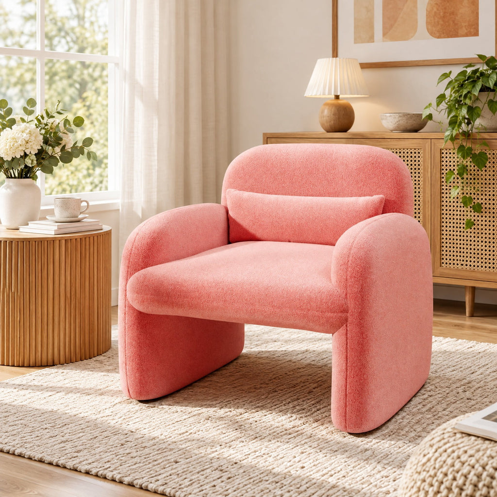 Airfind Modern Accent Chair with Waist Pillow and Armrests for Living Room Bedroom, 440 lbs Capacity, Sherpa Fabric Sponge Wooden Frame, Pink