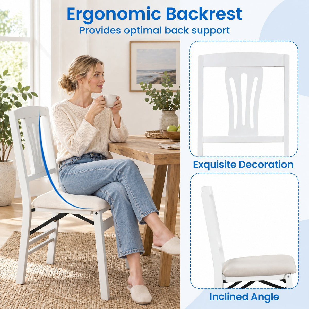Airfind Folding Kitchen Chairs Set of 4 Upholstered Dining Chairs with Comfy Padded Seats, 375 Lbs Capacity, 21 Inch X 17 Inch X 34.5 Inch, White