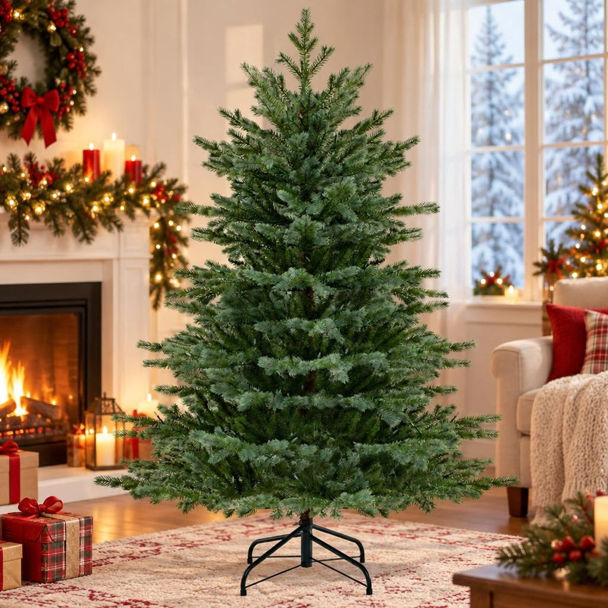 Airfind 5 Feet Artificial Christmas Tree with 1426 Lush PVC Branch Tips and 200 Warm White LED Lights, PVC PE Metal Frame, Green