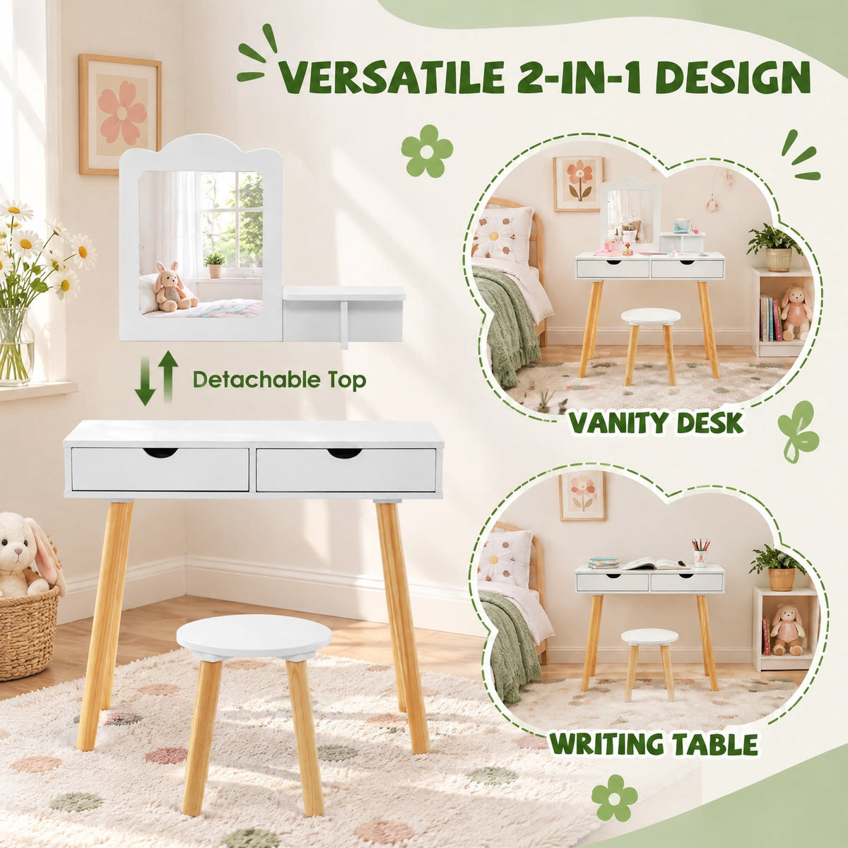 Airfind Kid Vanity Table Chair Set with Mirror and 2 Large Storage Drawers, 44 lbs Capacity, Pine wood MDF Frame, 28in x 13in x 39in Footprint, White