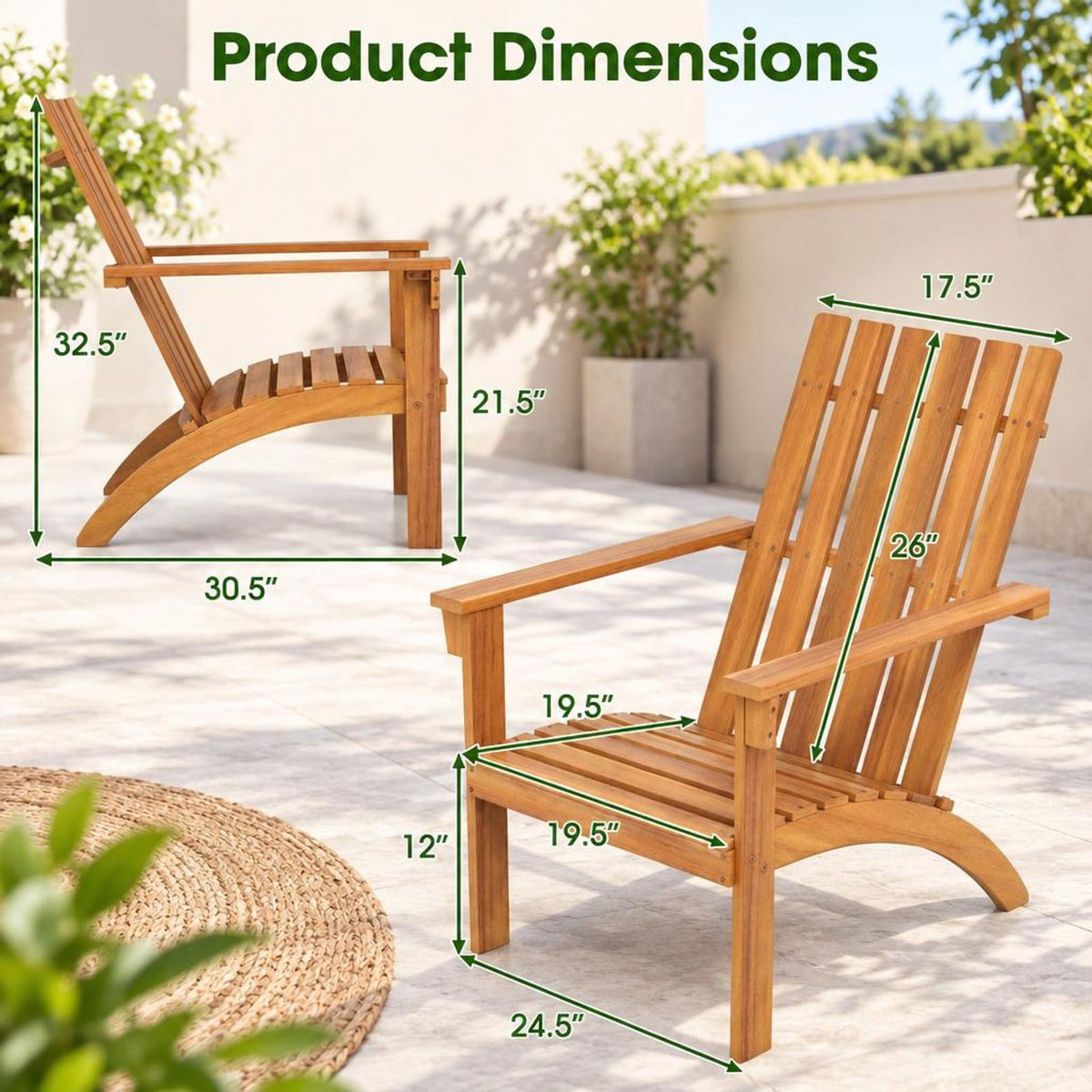 Airfind Outdoor Durable Patio Acacia Wood Adirondack Lounge Armchair, 350 lbs Capacity, Acacia wood Frame, Natural