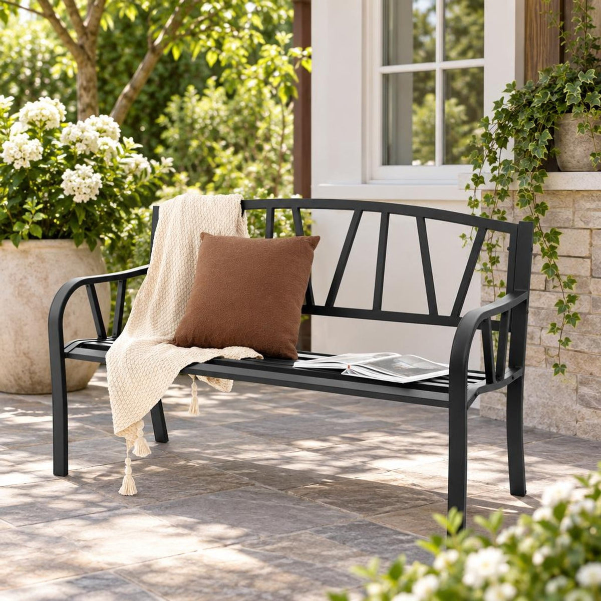 Airfind Patio Garden Bench with Metal Frame and Slatted Seat, 660 lbs Capacity, Metal Frame, Black, Slatted design for water drainage