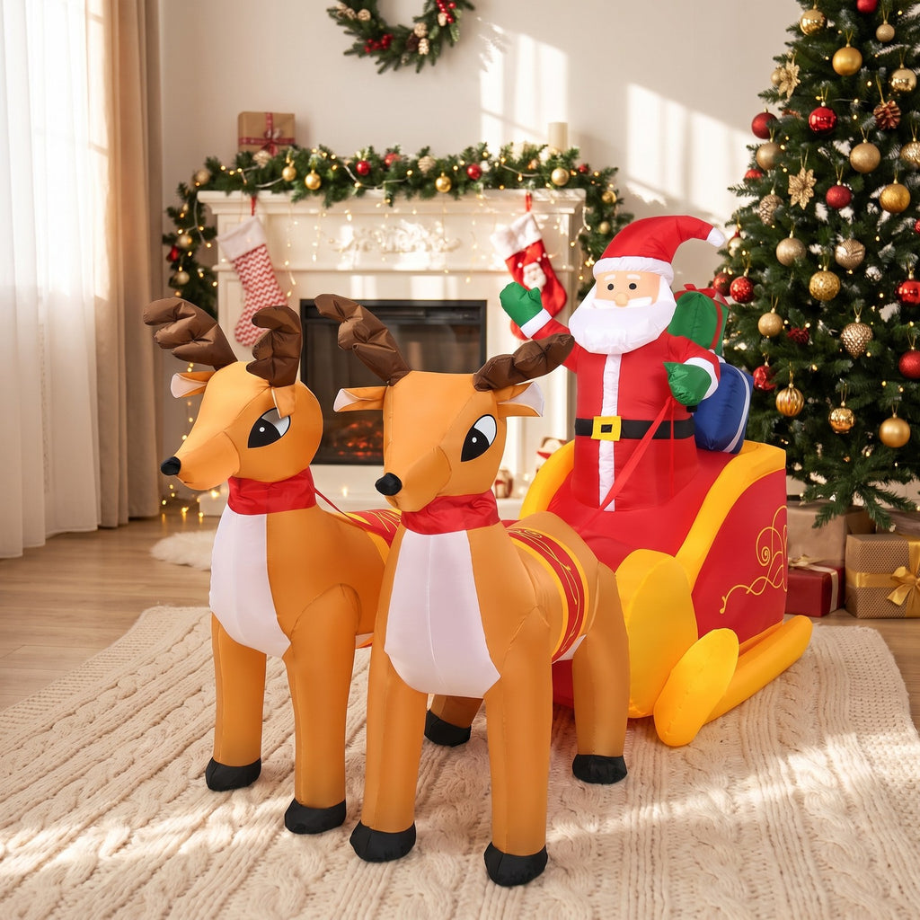 Airfind 7.5 Feet Waterproof Outdoor Inflatable Santa with Double Deer and Sled, Polyester fabric Frame, Show in the picture