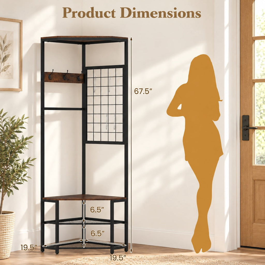 Airfind Corner Hall Tree Freestanding Coat Rack with Storage Shelves Removable Hooks, 220 lbs Capacity, Engineered Wood Metal Frame, Brown
