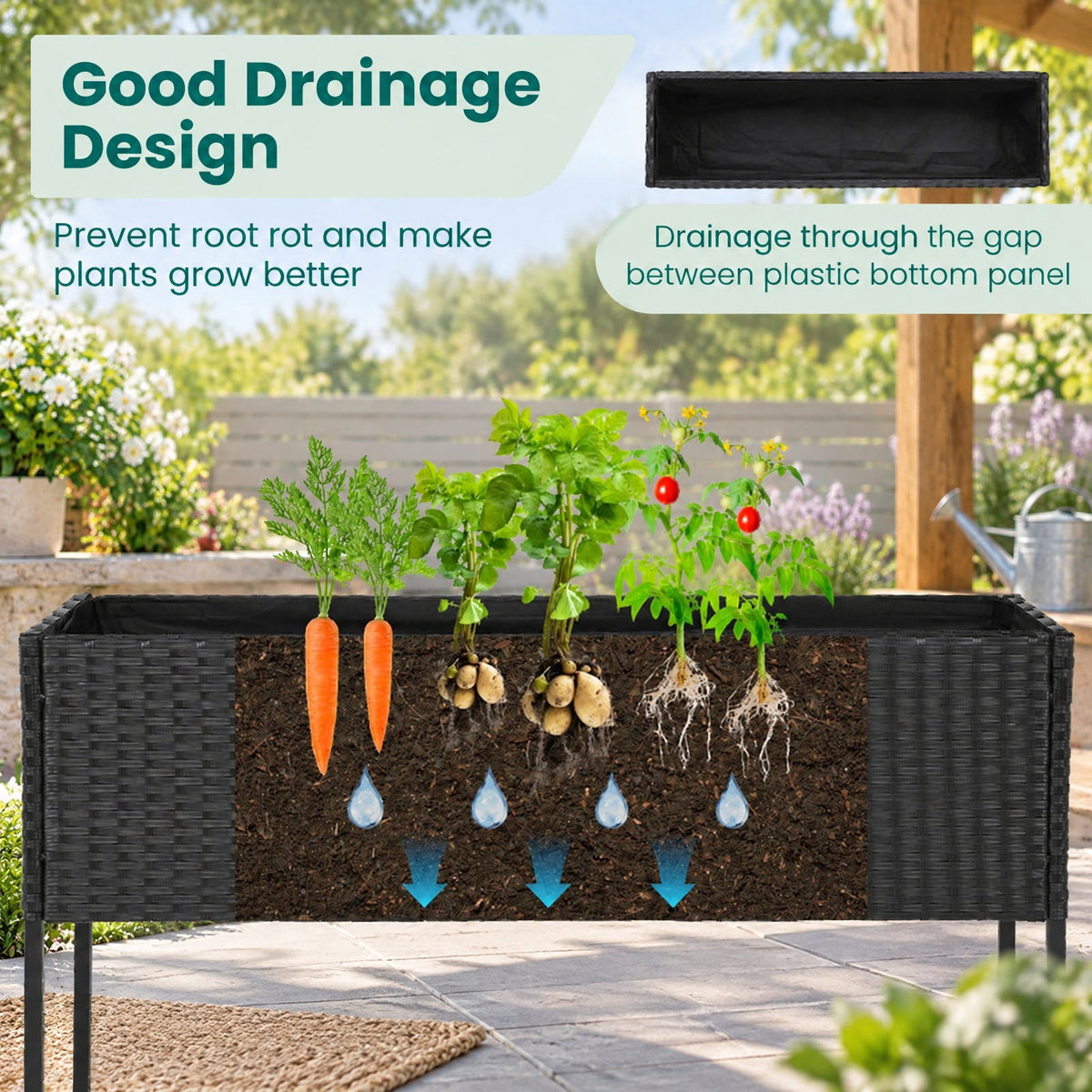 Airfind Raised Wicker Garden Bed with Storage Shelf and Removable Liner, 132 lbs Shelf Capacity, Metal Frame, 40 x 12 x 28 Planter Footprint