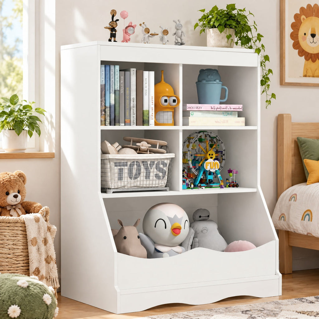Airfind 3-Tier Childrens Multi-Functional Bookcase Toy Storage Bin Floor Cabinet, 66 lbs Capacity, MDF Engineered Wood Frame, White