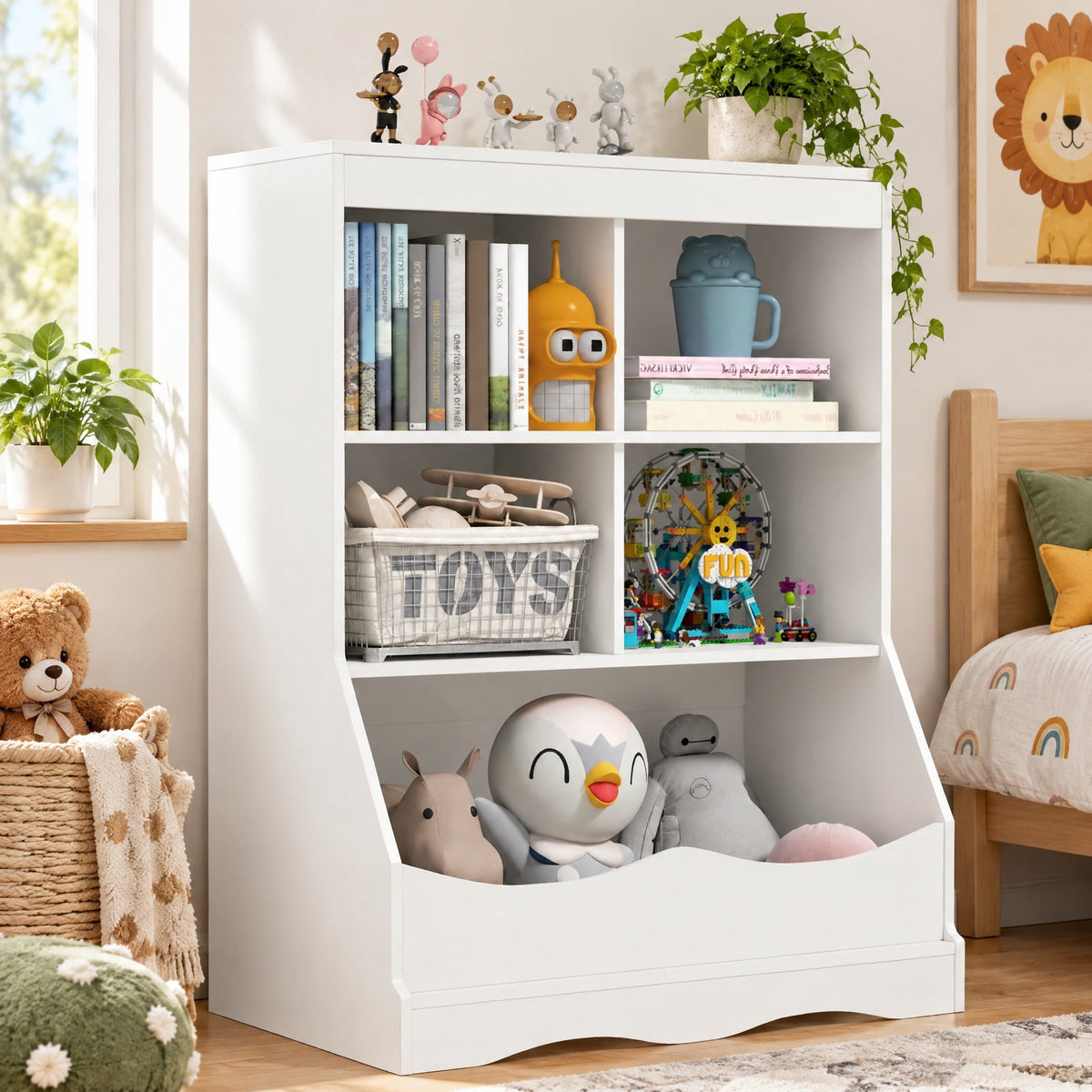 Airfind 3-Tier Childrens Multi-Functional Bookcase Toy Storage Bin Floor Cabinet, 66 lbs Capacity, MDF Engineered Wood Frame, White
