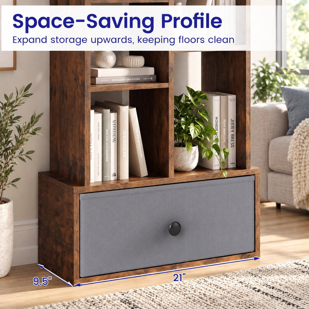 Airfind 7-Tier Open-Back Bookshelf with Drawer, 33 lbs Capacity, Engineered wood Frame, 21 Inch x 9.5 Inch x 47 Inch Footprint, Brown