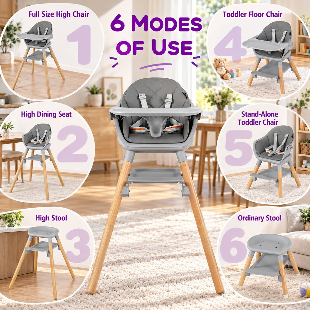 Airfind 6 in 1 Convertible Highchair with Safety Harness and Removable Tray, PP PU Beech Frame, 24.5 x 23 x 35.5 Footprint, Gray