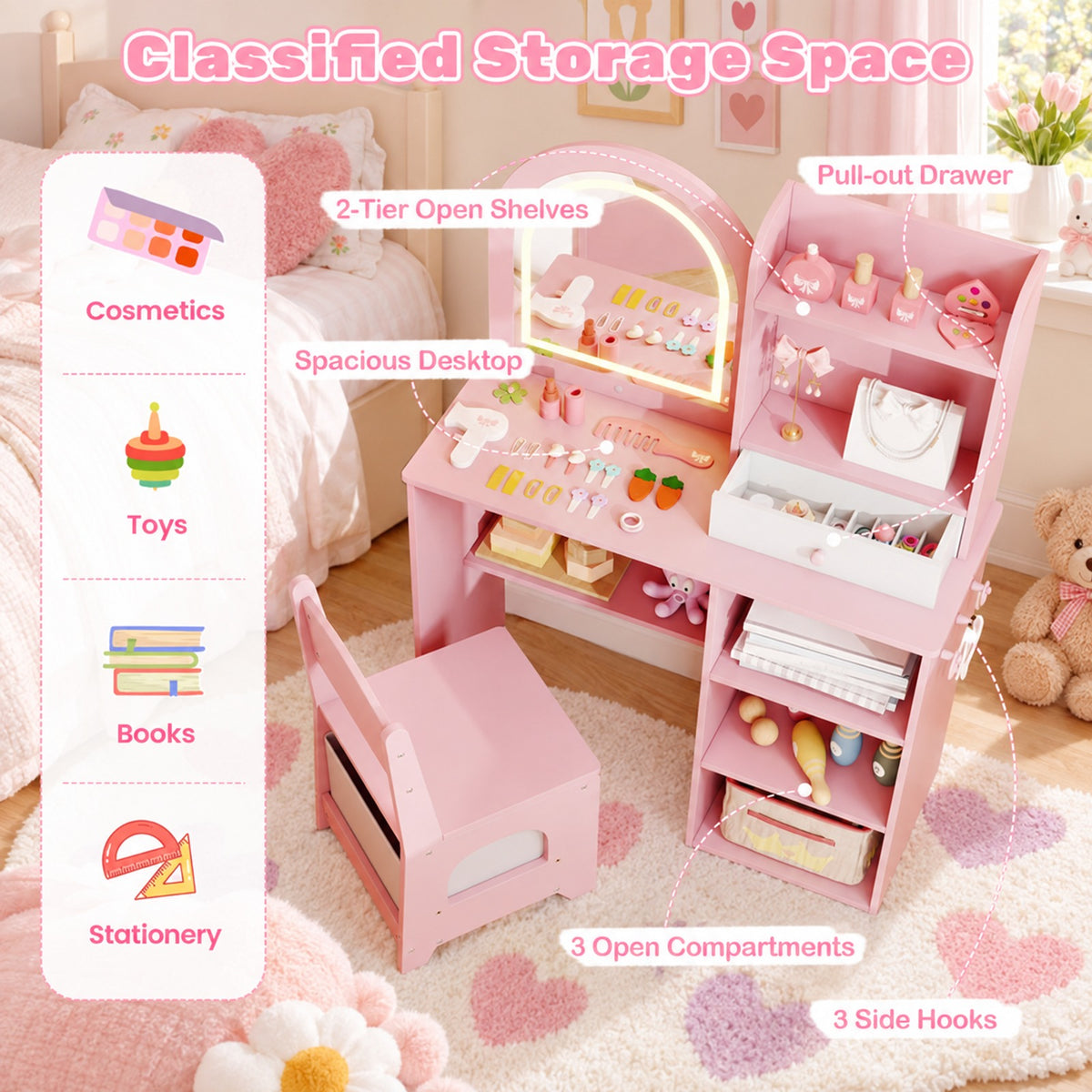 Airfind Kids Vanity Set Princess Girls Makeup Vanity Desk with Chair and 3-Color LED Lighted Mirror, 45 lbs Capacity, MDF Frame, Pink