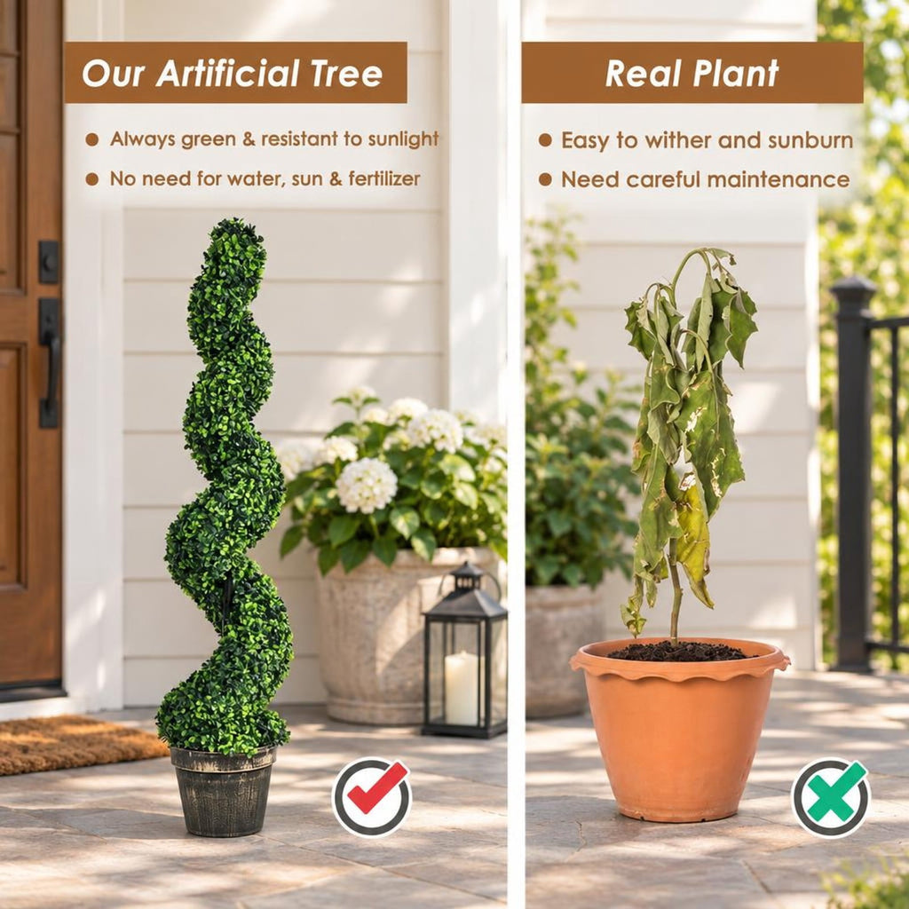 Airfind 2 Pack 4 Feet Artificial Spiral Boxwood Topiary Indoor Outdoor Decor, PE iron tube cement, 9.5 Inch x 9.5 Inch x 47 Inch (L x W x H) Pot