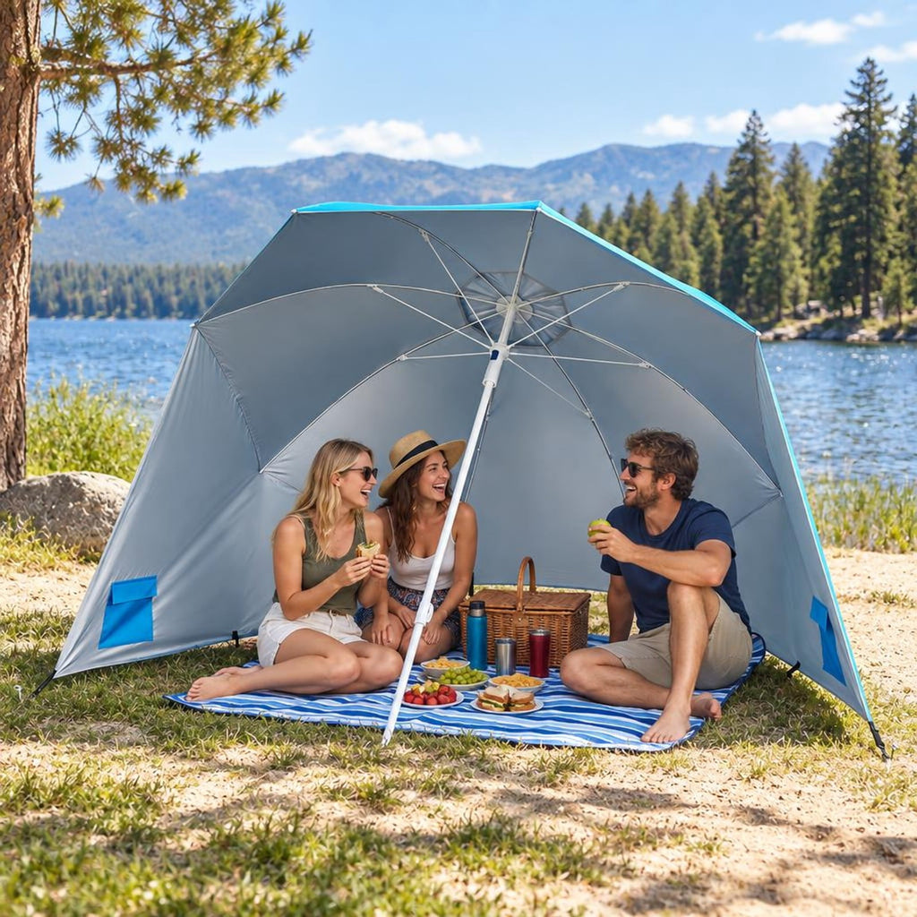 Airfind 2-in-1 Beach Shelter Umbrella UPF 50+ with Side Panels for Camping Picnic, Oxford Cloth Fiberglass Pole Metal PP Frame, Turquoise