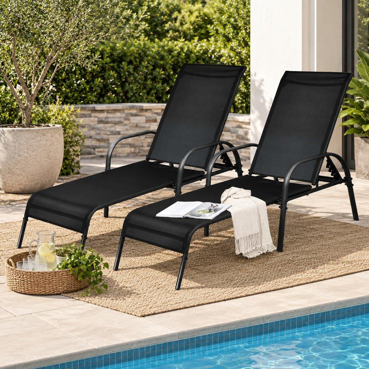 Airfind 2 Pcs Outdoor Patio Lounge Chair Chaise Fabric with Adjustable Reclining Armrest, Fabric Steel Horizontal Frame, Black