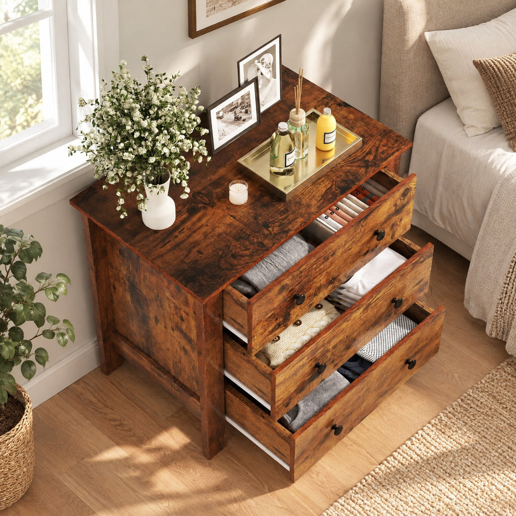 Airfind 3 Drawer Dresser Chest of Drawers Bedside Table, MDF Frame, 28in x 18in x 26in Footprint, Brown