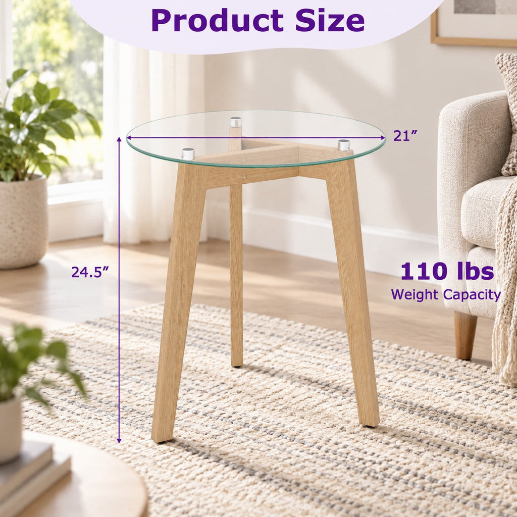Airfind Tempered Glass End Table Round with Solid Rubber Wood Structure-1 Piece, 110 Lbs Capacity, Tempered Glass Rubber Wood Plywood, Natural