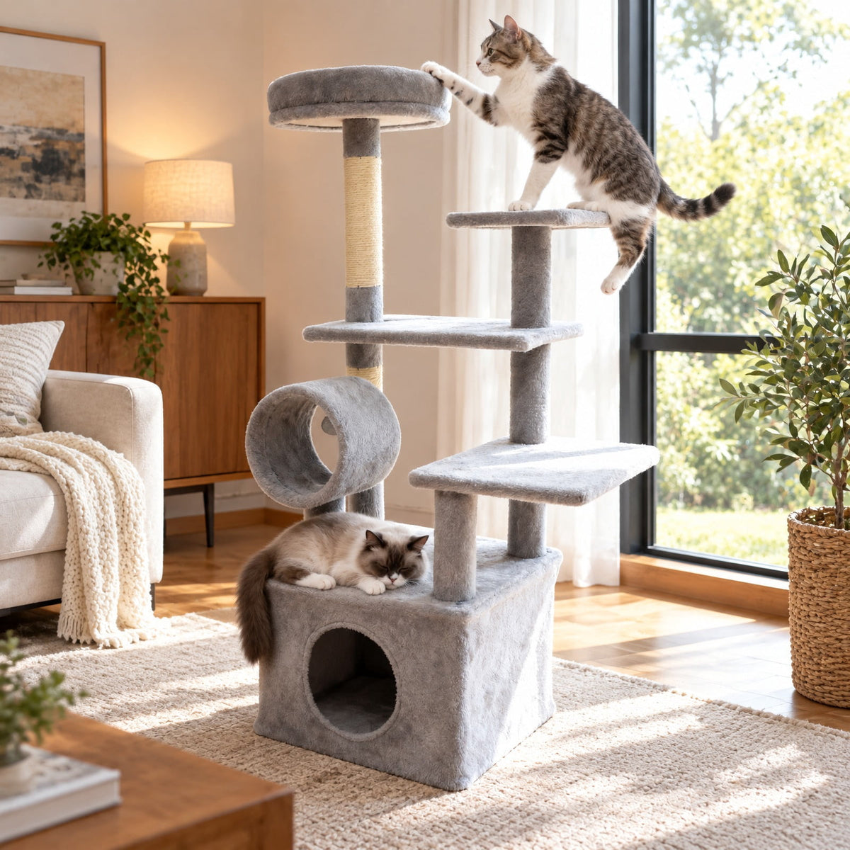 Airfind 48 Inches Tall Cat Tree Multi-Level Kitten Tower with Large Condo Padded Top Perch, Engineered Board Plush Sponge Jute Frame, Light Gray