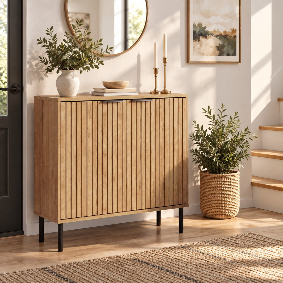Airfind Fluted Buffet Cabinet with 2-Door Sideboard for Kitchen and Dining Room, Black Oak + BlackMaterial Engineered Wood MetalOverall